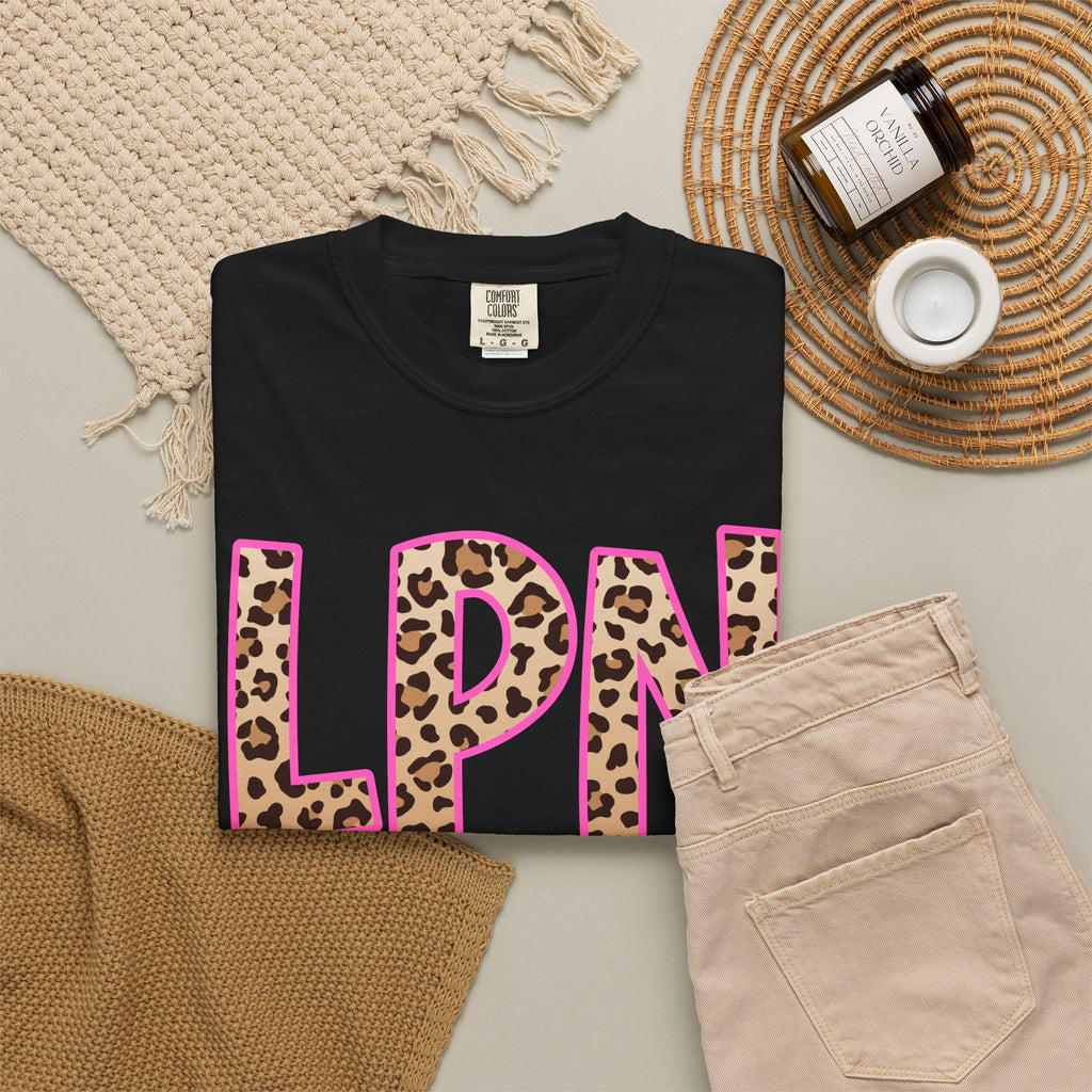 LPN Leopard Print Tee — Pink-Outlined Licensed Practical Nurse T-Shirt