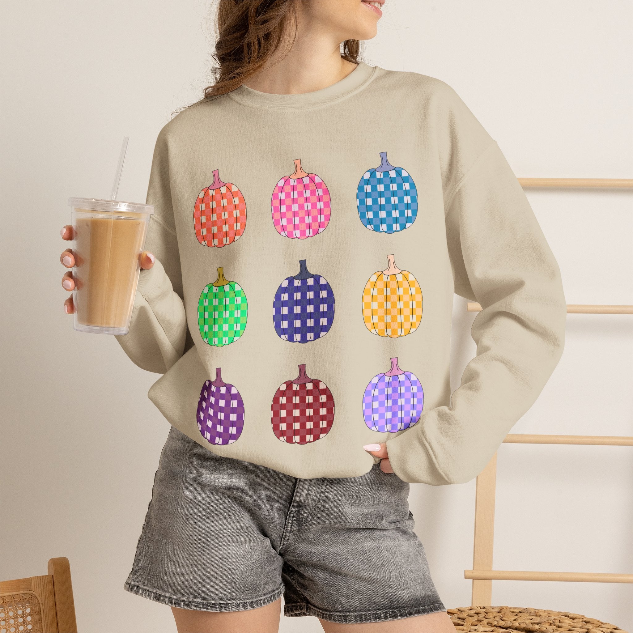 Pumpkin grid autumn Crewneck Sweatshirt