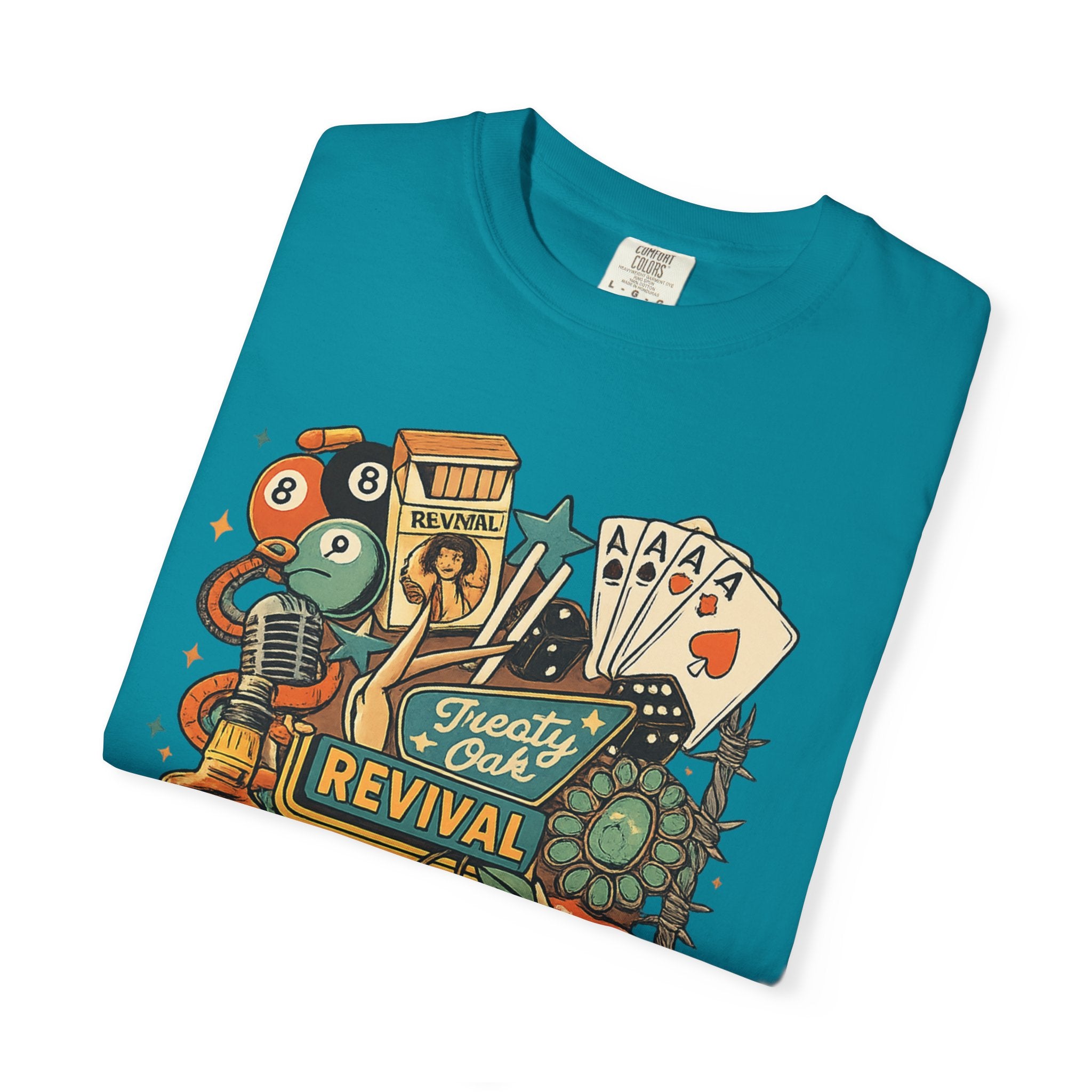 Retro Revival Graphic T-Shirt — 'Revival' Casino & Roadside Patch Art