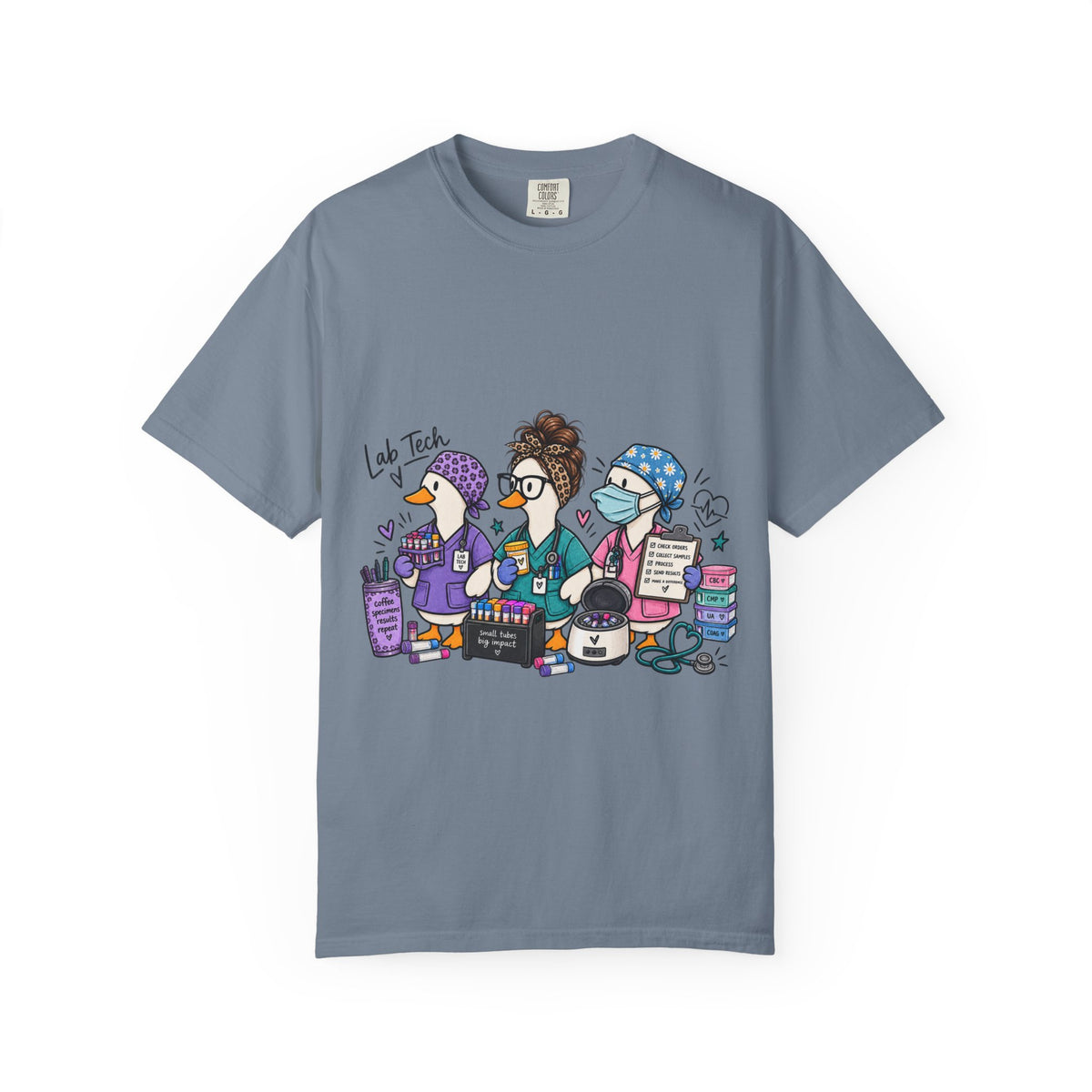 Lab Tech Team T-Shirt — Cute Cartoon Laboratory Scientist Shirt for Medical & Research Staff