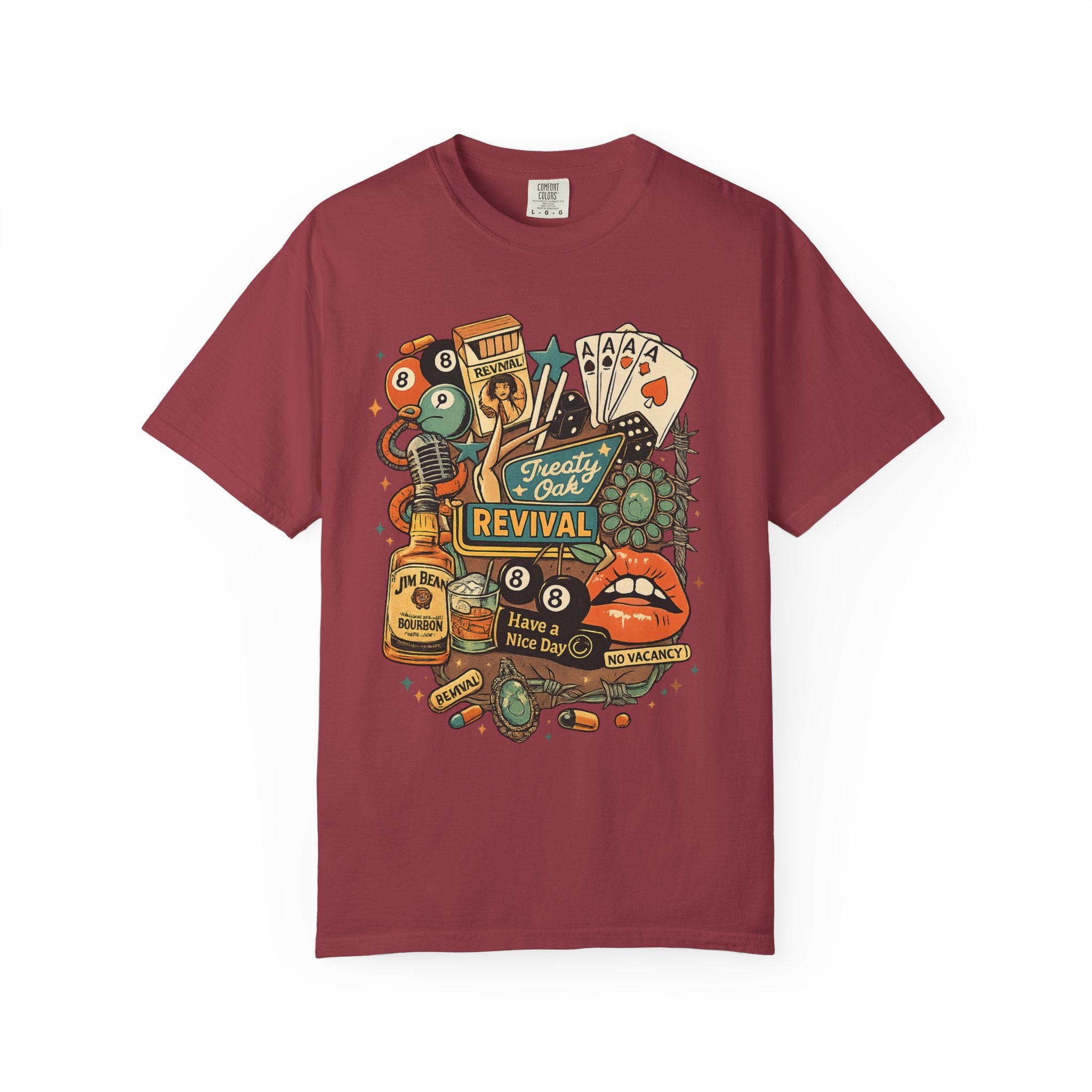 Retro Revival Graphic T-Shirt — 'Revival' Casino & Roadside Patch Art
