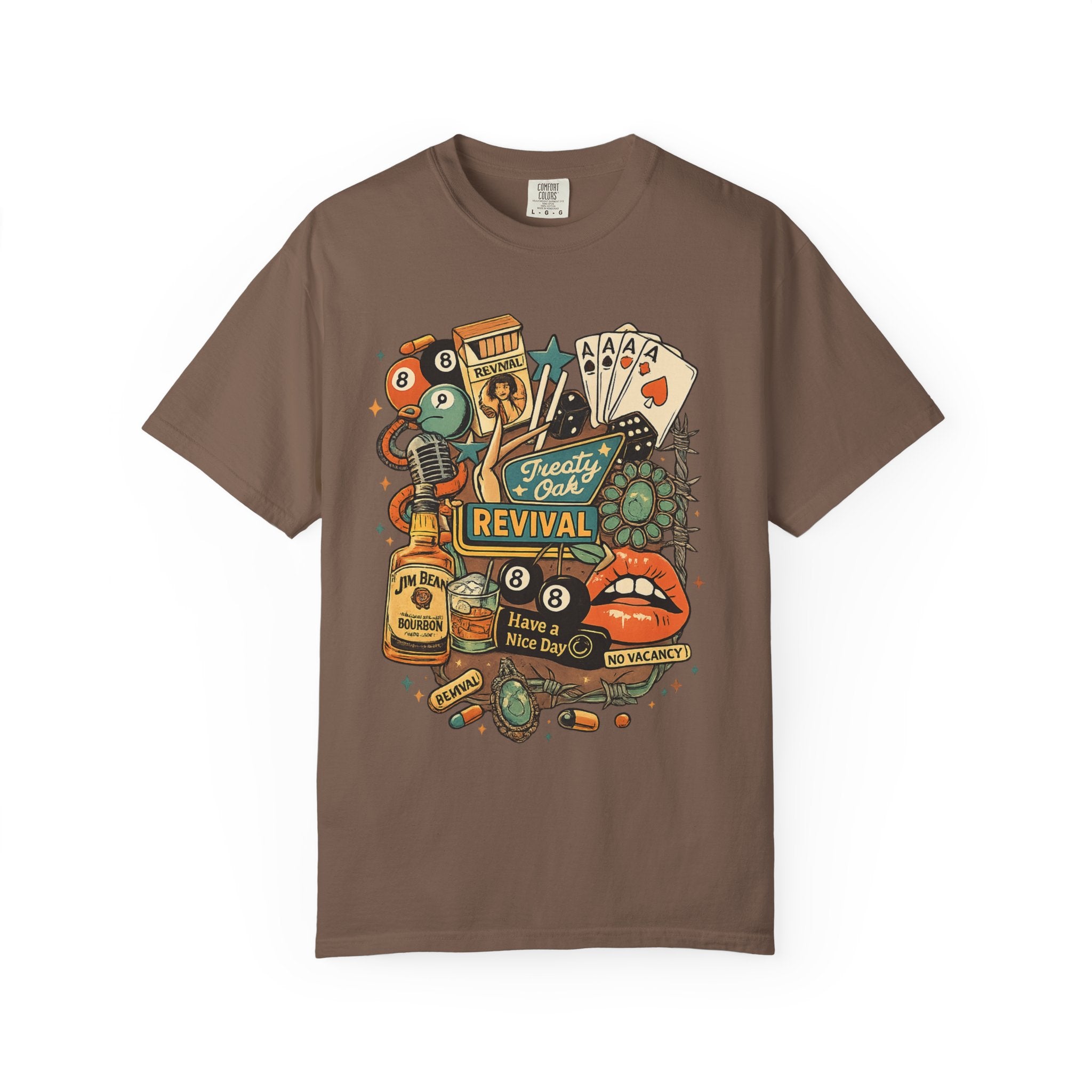 Retro Revival Graphic T-Shirt — 'Revival' Casino & Roadside Patch Art