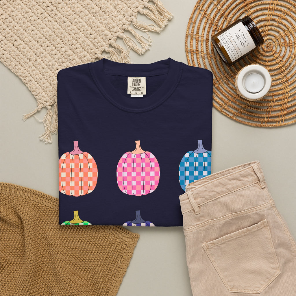 Pumpkin Grid T‑Shirt — Colorful Patterned Pumpkins Tee for Fall & Halloween