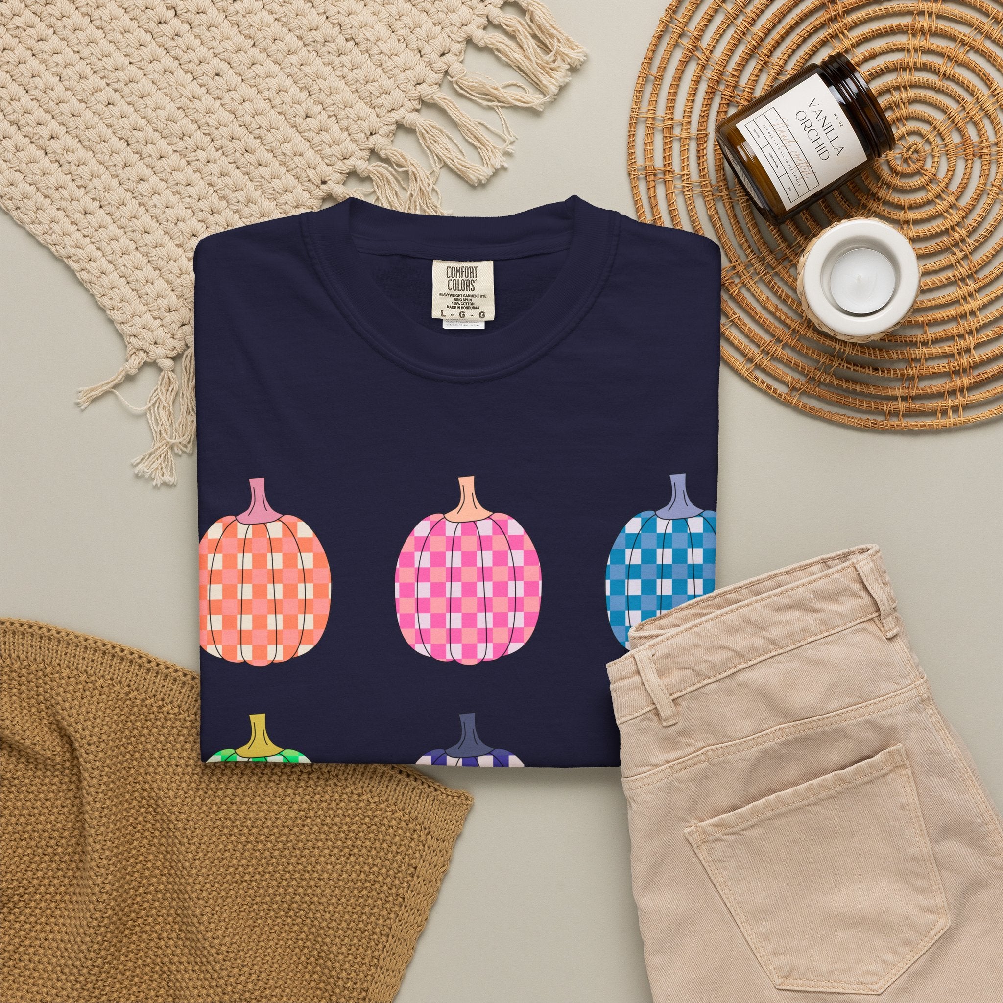 Pumpkin Grid T‑Shirt — Colorful Patterned Pumpkins Tee for Fall & Halloween