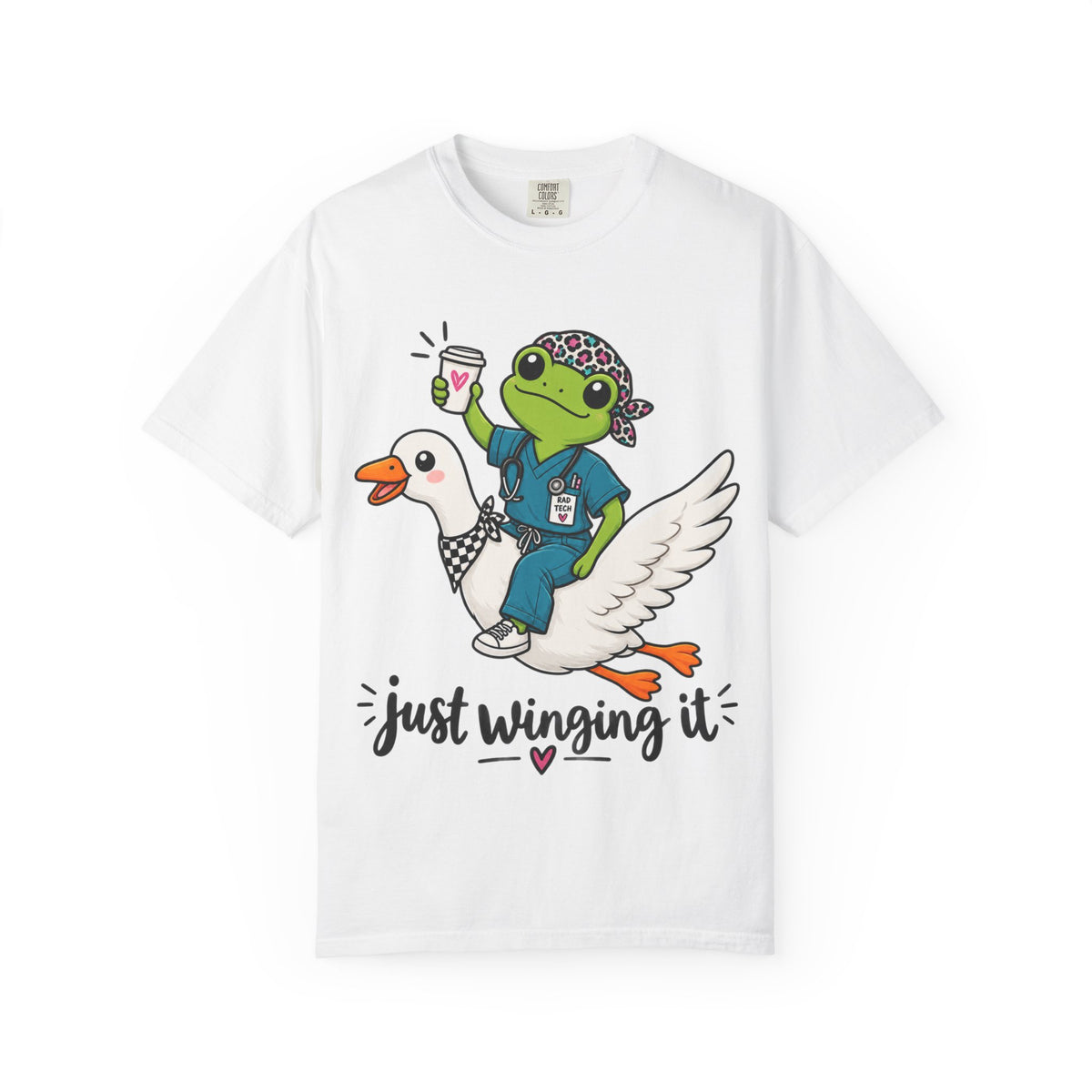 Just Winging It Nurse T-Shirt — Frog Scrub Nurse Riding Goose Graphic Tee