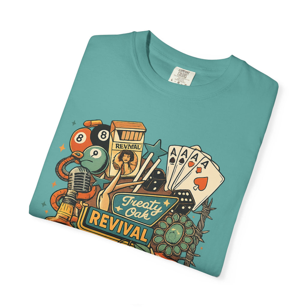 Retro Revival Graphic T-Shirt — 'Revival' Casino & Roadside Patch Art