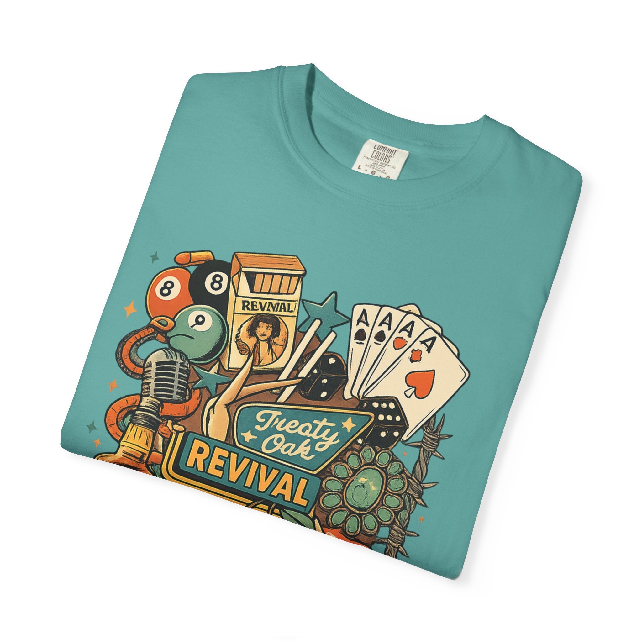 Retro Revival Graphic T-Shirt — 'Revival' Casino & Roadside Patch Art