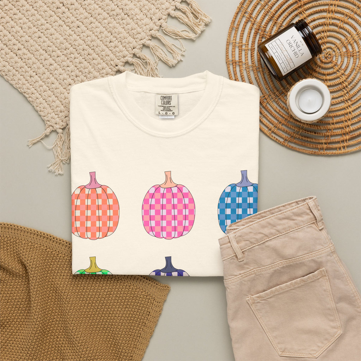Pumpkin Grid T‑Shirt — Colorful Patterned Pumpkins Tee for Fall & Halloween