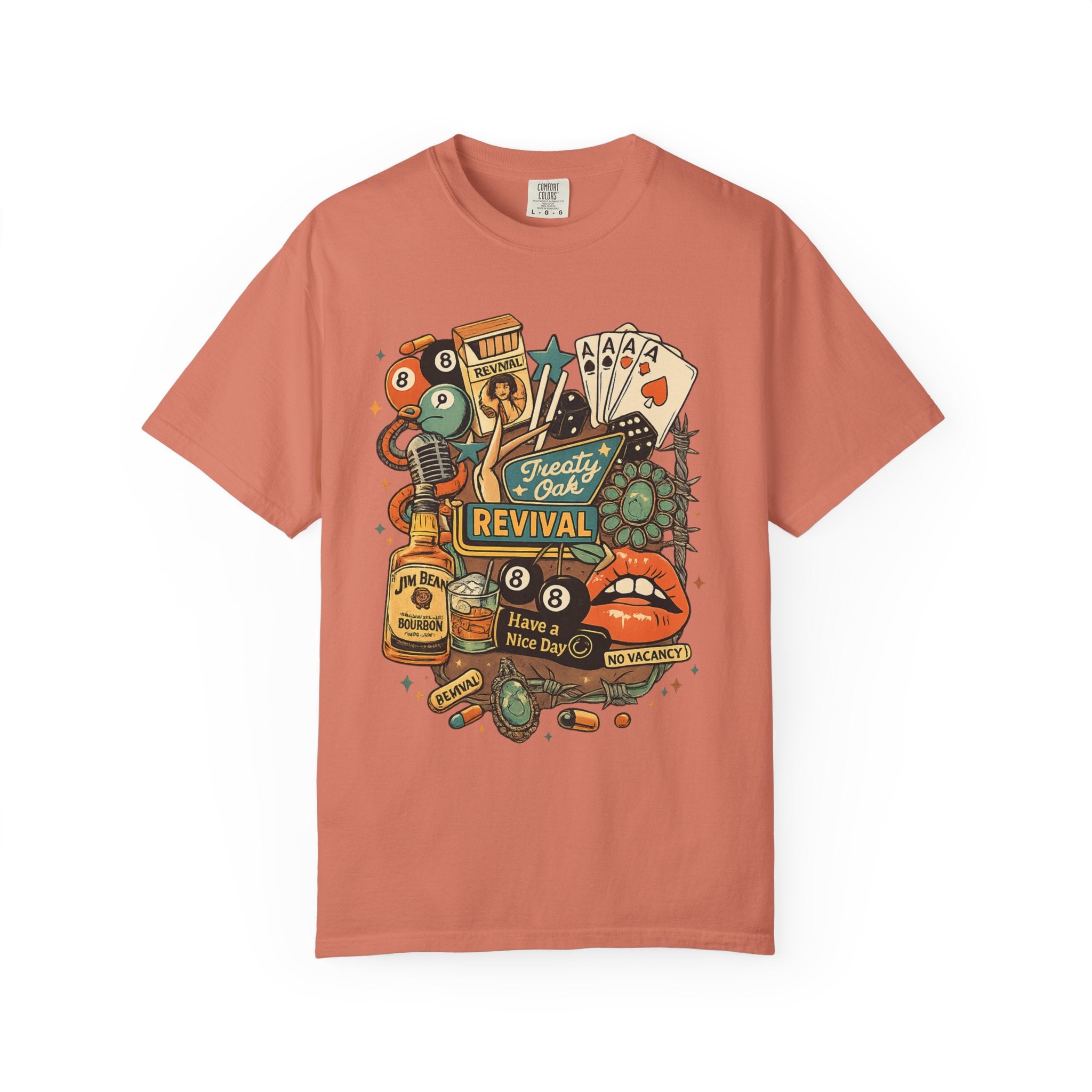 Retro Revival Graphic T-Shirt — 'Revival' Casino & Roadside Patch Art