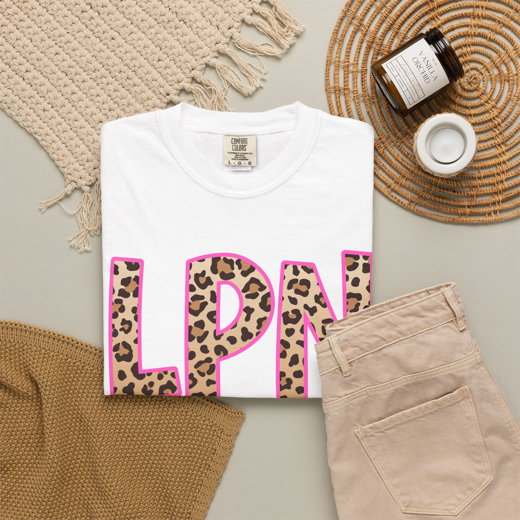 LPN Leopard Print Tee — Pink-Outlined Licensed Practical Nurse T-Shirt