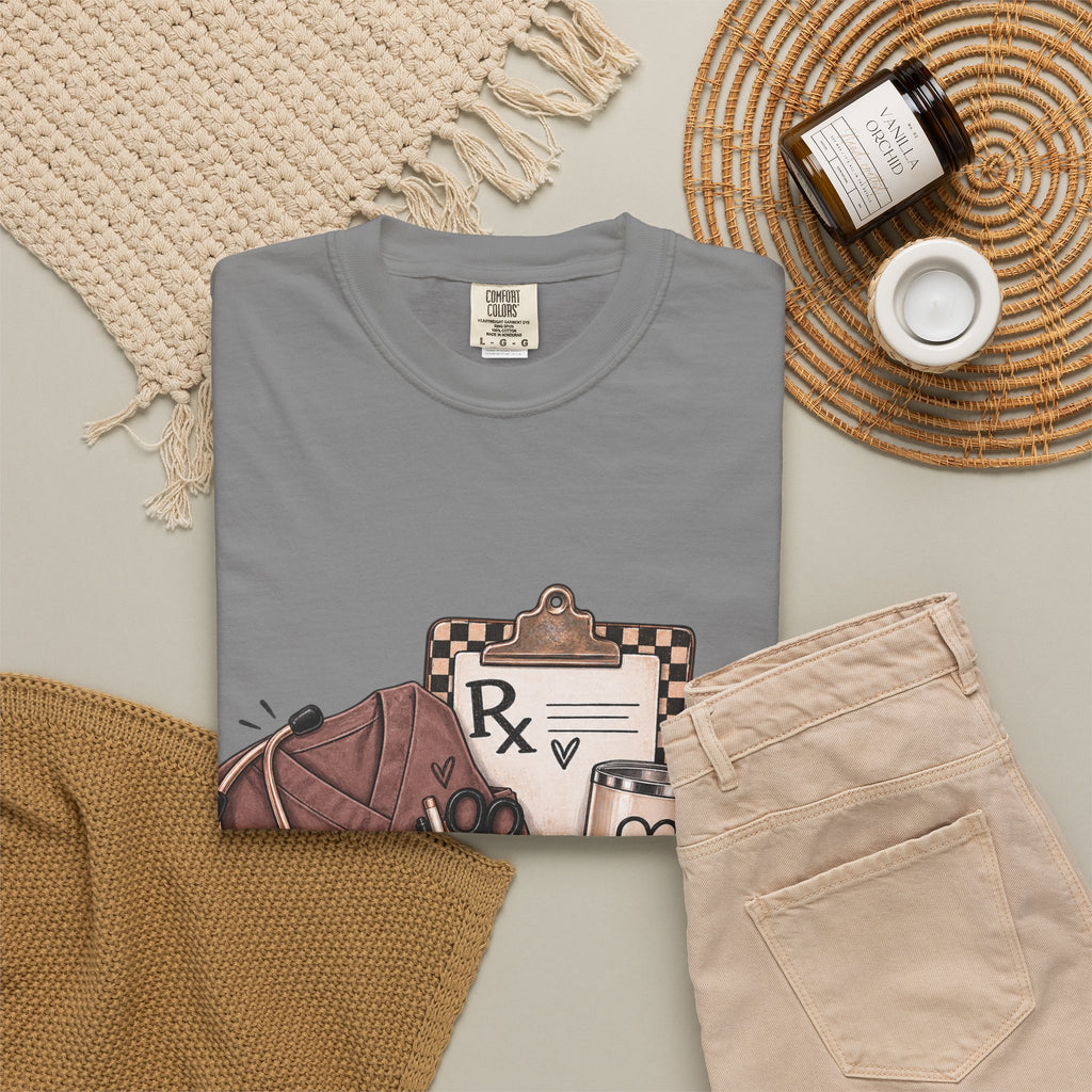 Nurse Life Graphic T-Shirt — Medical Symbols, Heartbeat & Clipboard Design
