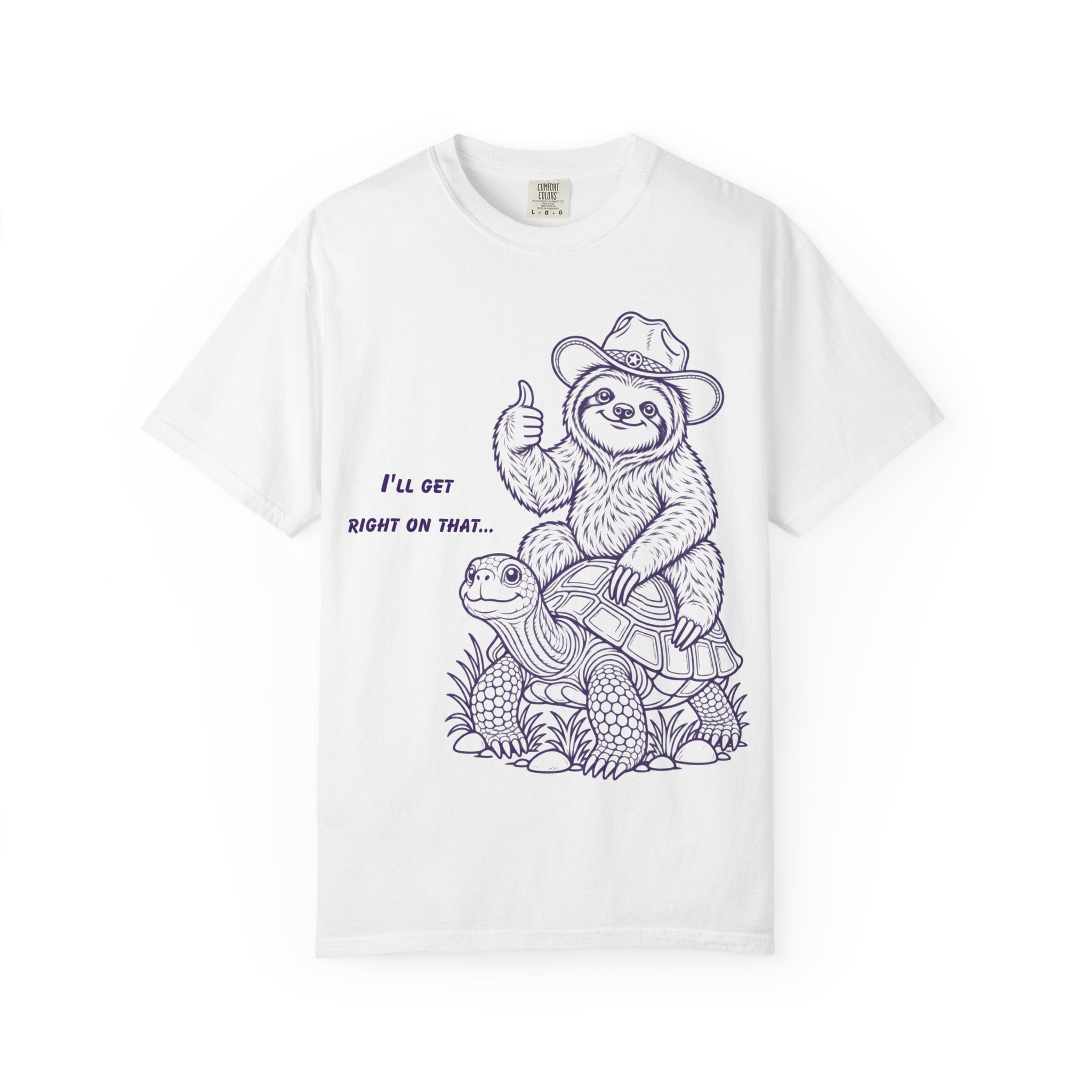 Sloth on Turtle T-Shirt – “I’ll Get Right on That” Vintage Graphic Tee