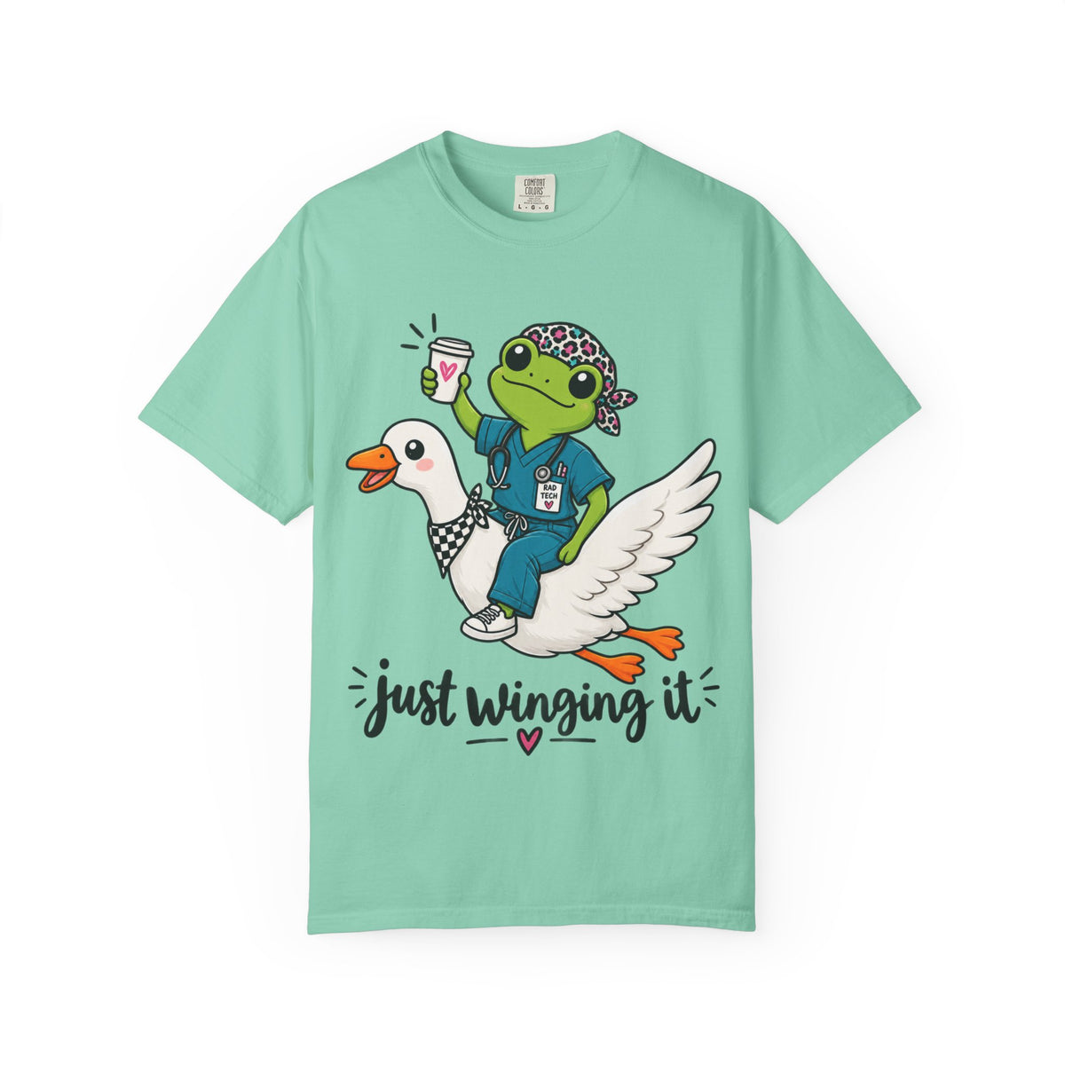 Just Winging It Nurse T-Shirt — Frog Scrub Nurse Riding Goose Graphic Tee