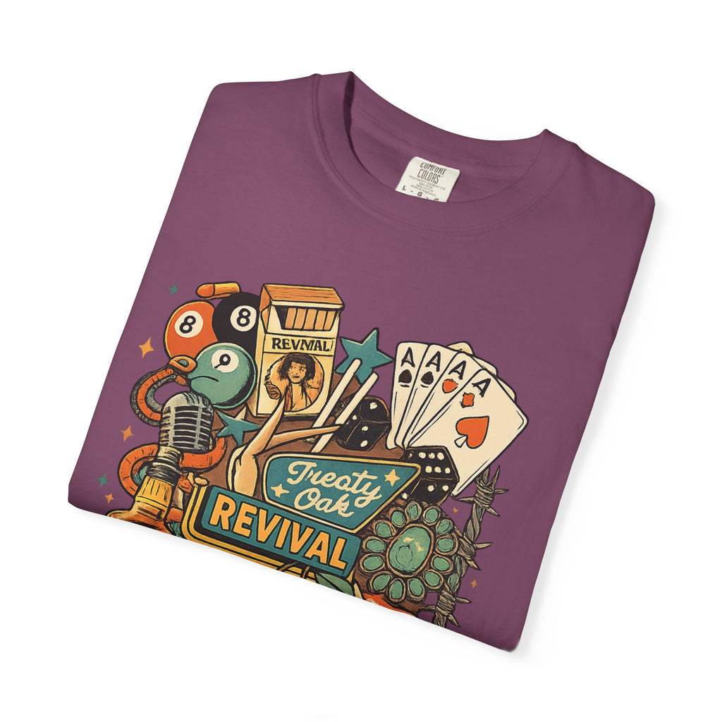 Retro Revival Graphic T-Shirt — 'Revival' Casino & Roadside Patch Art
