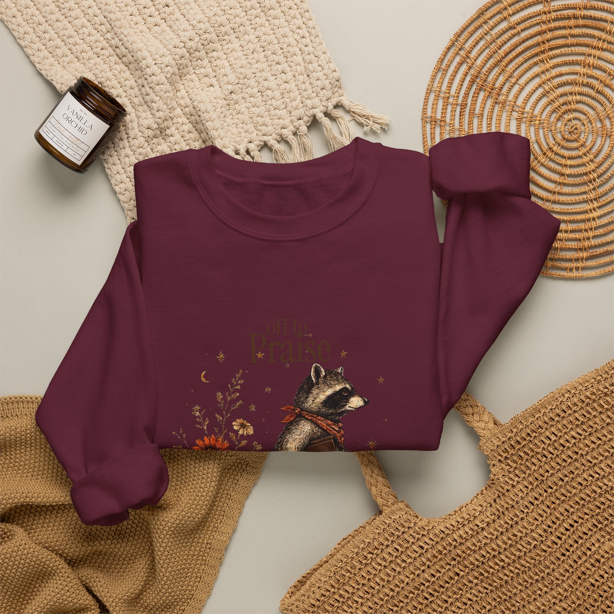 Crewneck Sweatshirt — 'Off to Praise the Lord' Raccoon Christian Graphic