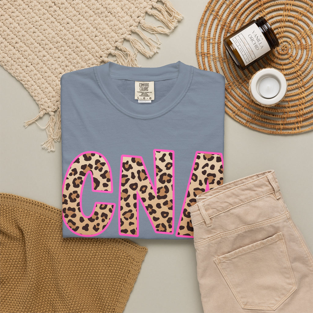 CNA Leopard Print Tee — Pink Outline Certified Nursing Assistant Shirt