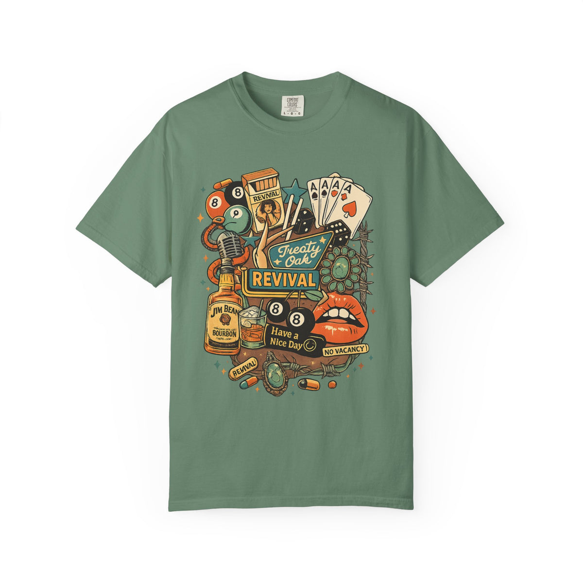Retro Revival Graphic T-Shirt — 'Revival' Casino & Roadside Patch Art