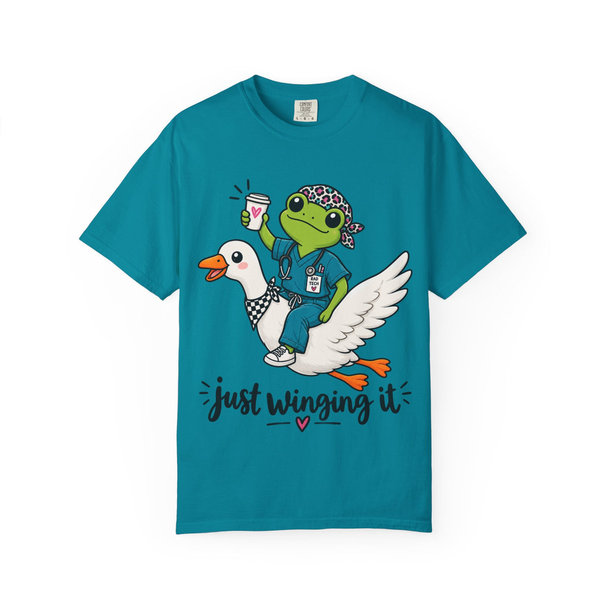 Just Winging It Nurse T-Shirt — Frog Scrub Nurse Riding Goose Graphic Tee