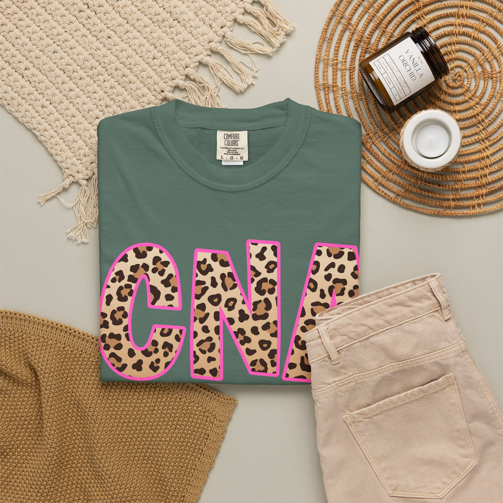 CNA Leopard Print Tee — Pink Outline Certified Nursing Assistant Shirt