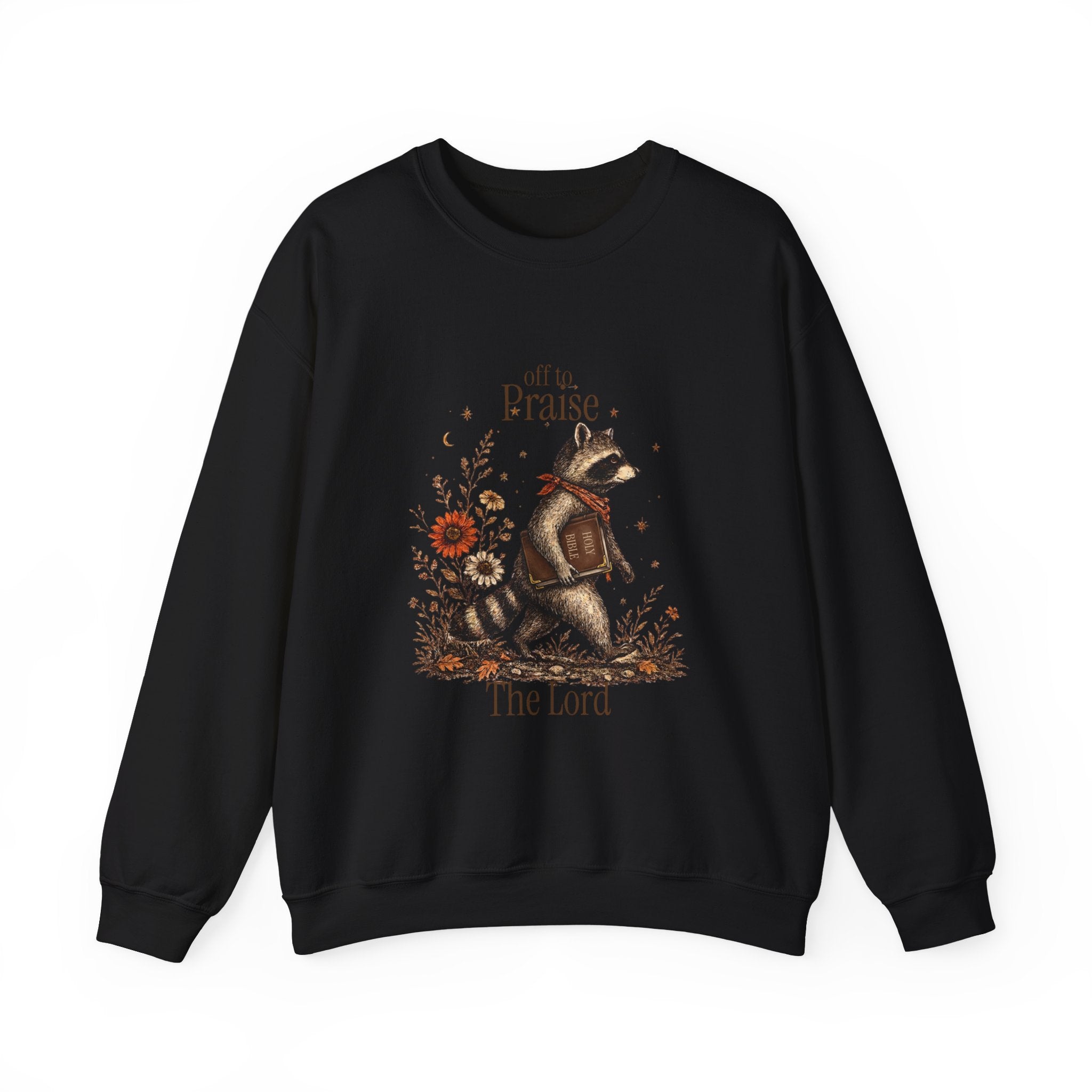 Crewneck Sweatshirt — 'Off to Praise the Lord' Raccoon Christian Graphic