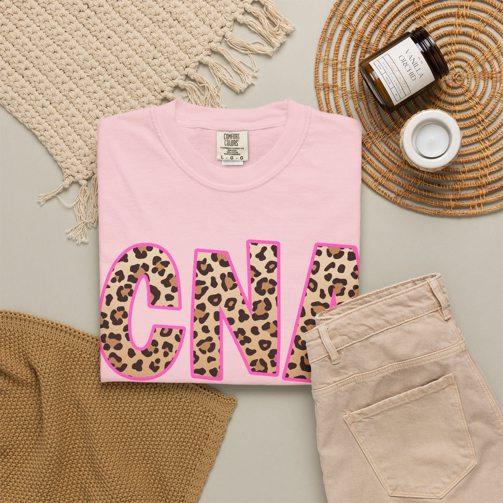 CNA Leopard Print Tee — Pink Outline Certified Nursing Assistant Shirt