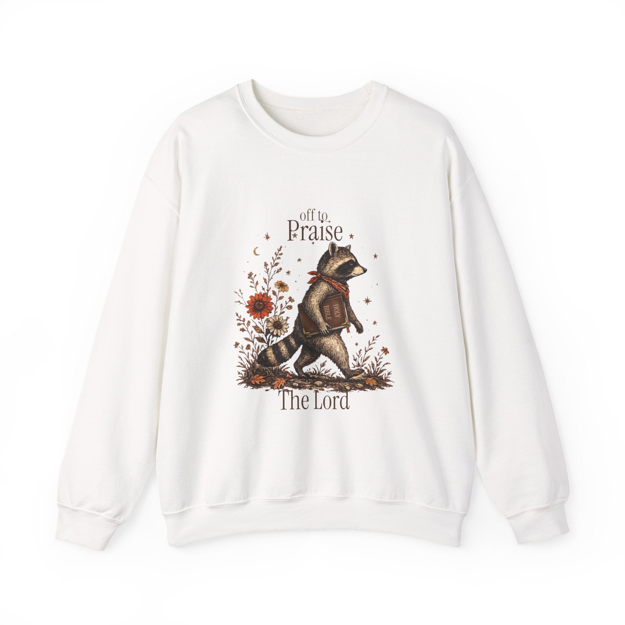 Crewneck Sweatshirt — 'Off to Praise the Lord' Raccoon Christian Graphic
