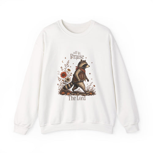 Crewneck Sweatshirt — 'Off to Praise the Lord' Raccoon Christian Graphic