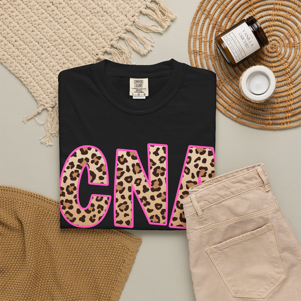 CNA Leopard Print Tee — Pink Outline Certified Nursing Assistant Shirt