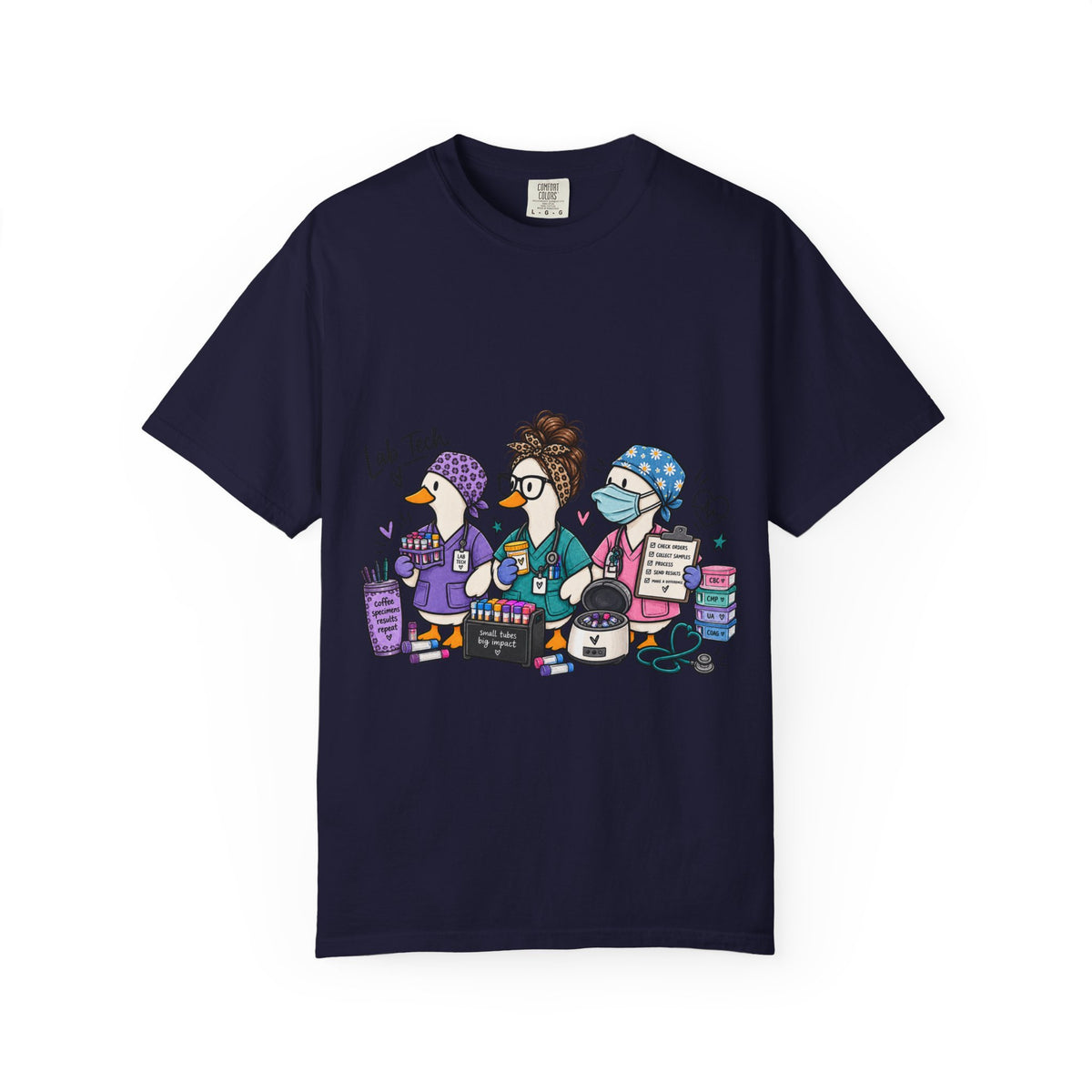 Lab Tech Team T-Shirt — Cute Cartoon Laboratory Scientist Shirt for Medical & Research Staff