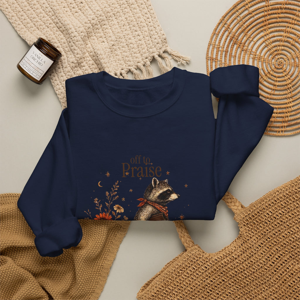 Crewneck Sweatshirt — 'Off to Praise the Lord' Raccoon Christian Graphic