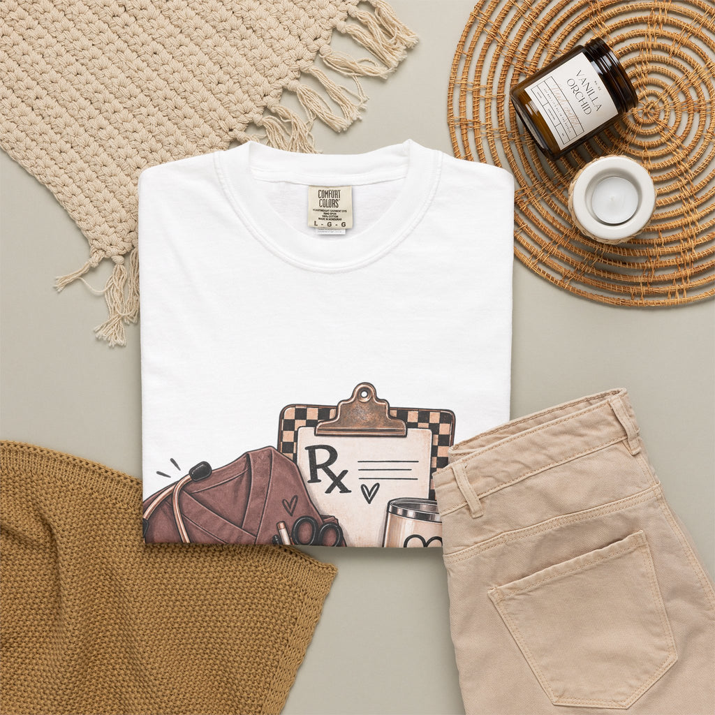 Nurse Life Graphic T-Shirt — Medical Symbols, Heartbeat & Clipboard Design