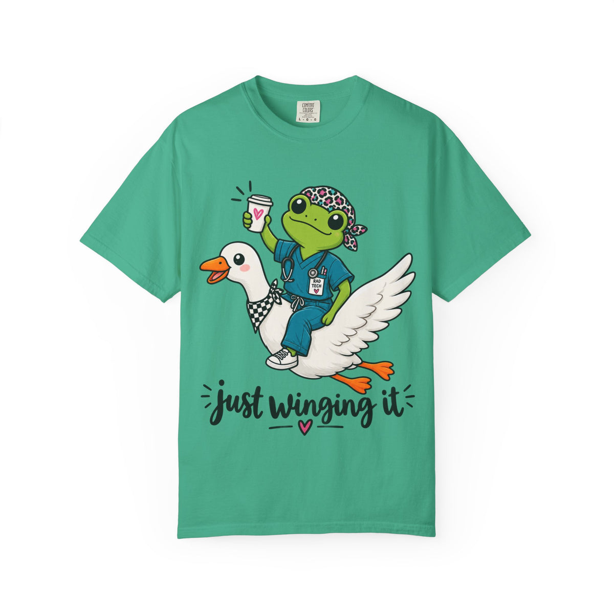 Just Winging It Nurse T-Shirt — Frog Scrub Nurse Riding Goose Graphic Tee