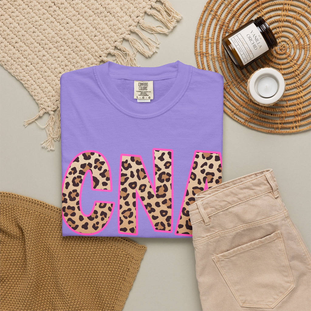 CNA Leopard Print Tee — Pink Outline Certified Nursing Assistant Shirt