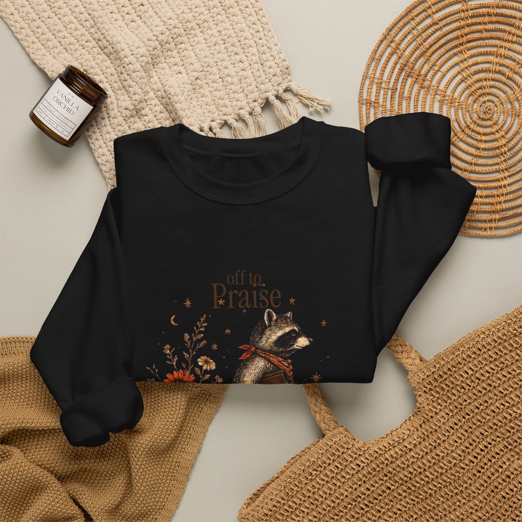 Crewneck Sweatshirt — 'Off to Praise the Lord' Raccoon Christian Graphic