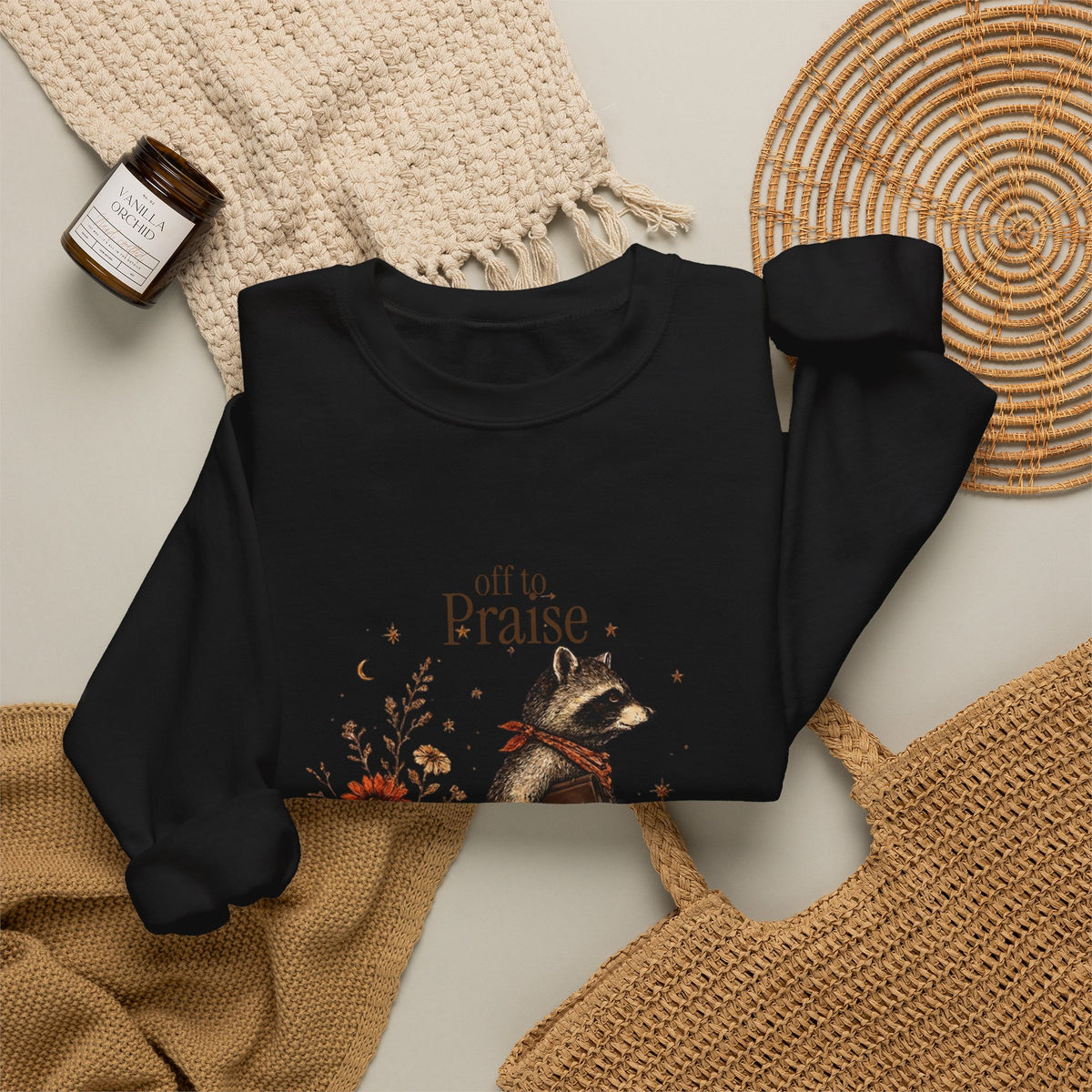 Crewneck Sweatshirt — 'Off to Praise the Lord' Raccoon Christian Graphic