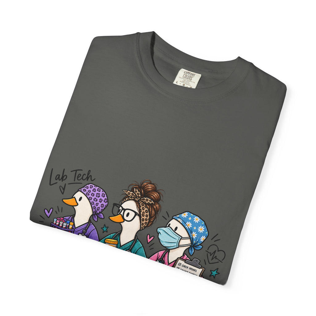 Lab Tech Team T-Shirt — Cute Cartoon Laboratory Scientist Shirt for Medical & Research Staff
