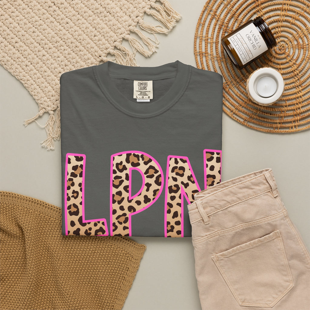 LPN Leopard Print Tee — Pink-Outlined Licensed Practical Nurse T-Shirt