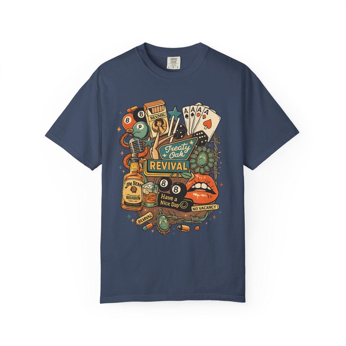 Retro Revival Graphic T-Shirt — 'Revival' Casino & Roadside Patch Art