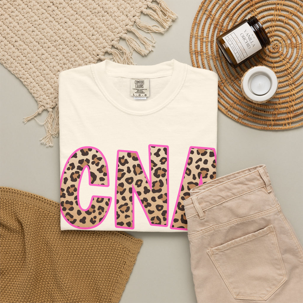 CNA Leopard Print Tee — Pink Outline Certified Nursing Assistant Shirt