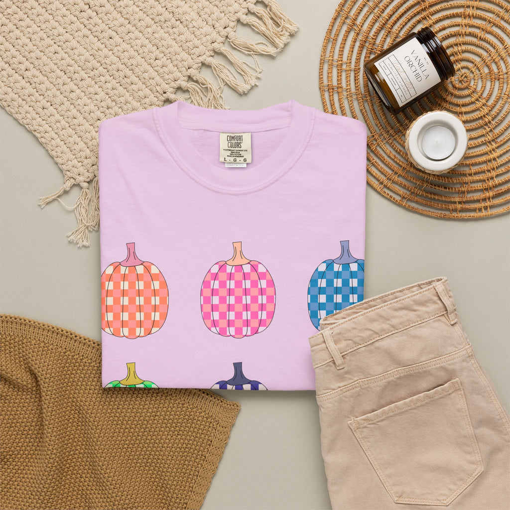 Pumpkin Grid T‑Shirt — Colorful Patterned Pumpkins Tee for Fall & Halloween