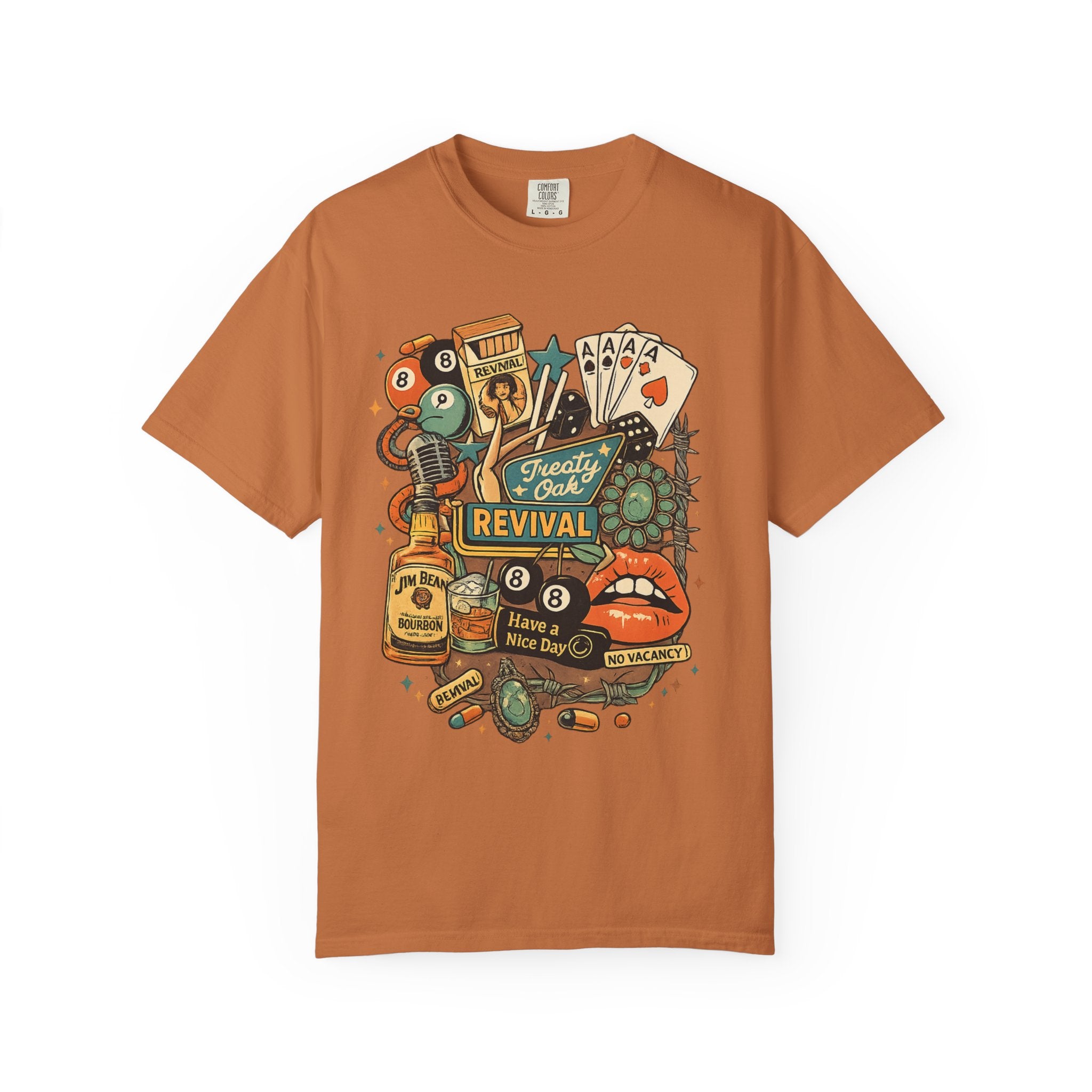 Retro Revival Graphic T-Shirt — 'Revival' Casino & Roadside Patch Art