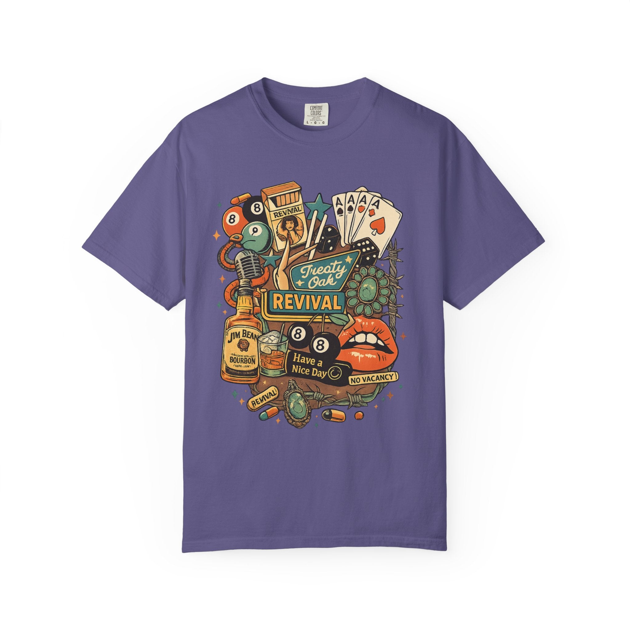 Retro Revival Graphic T-Shirt — 'Revival' Casino & Roadside Patch Art