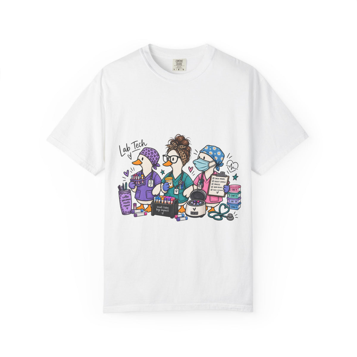 Lab Tech Team T-Shirt — Cute Cartoon Laboratory Scientist Shirt for Medical & Research Staff