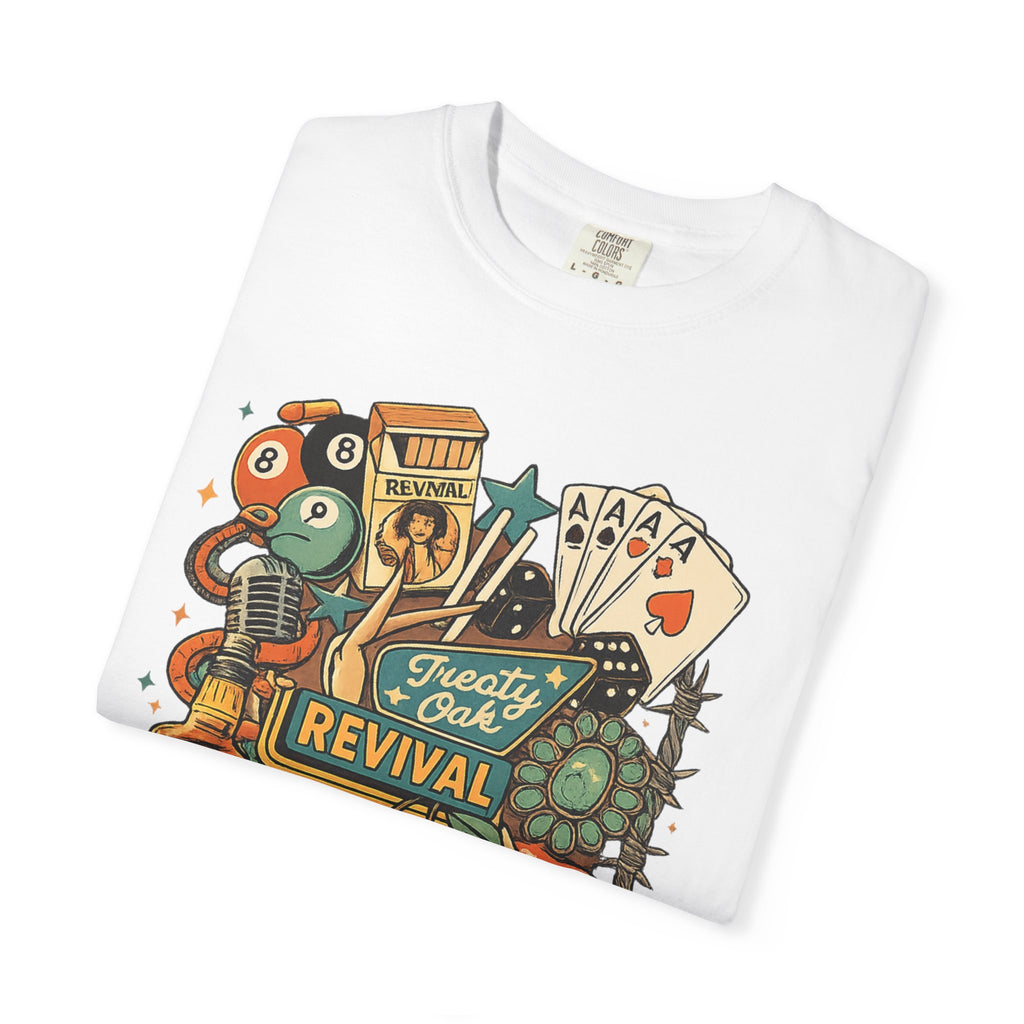 Retro Revival Graphic T-Shirt — 'Revival' Casino & Roadside Patch Art