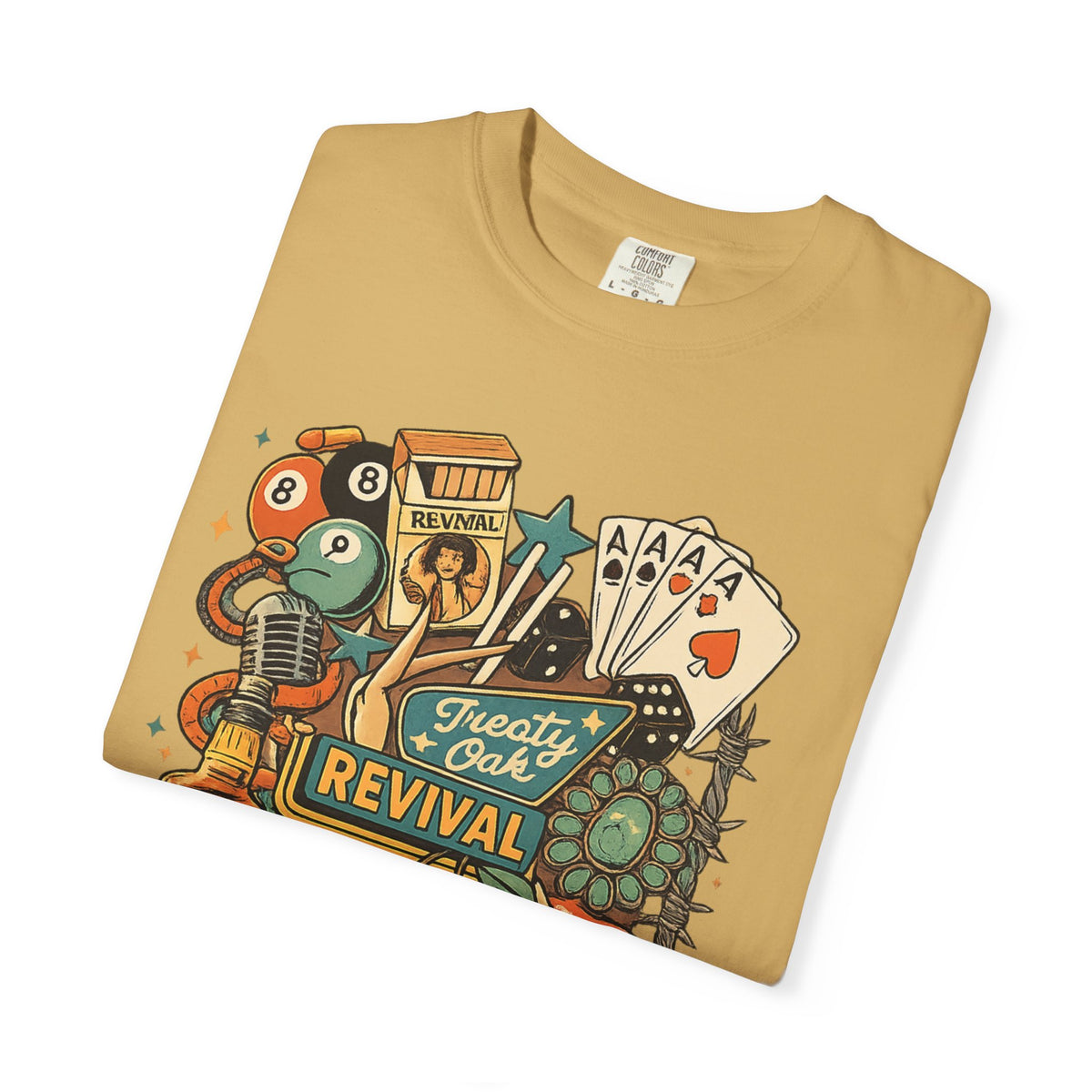 Retro Revival Graphic T-Shirt — 'Revival' Casino & Roadside Patch Art