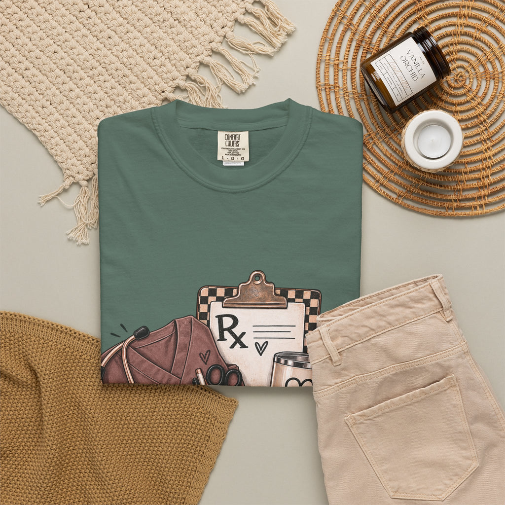 Nurse Life Graphic T-Shirt — Medical Symbols, Heartbeat & Clipboard Design