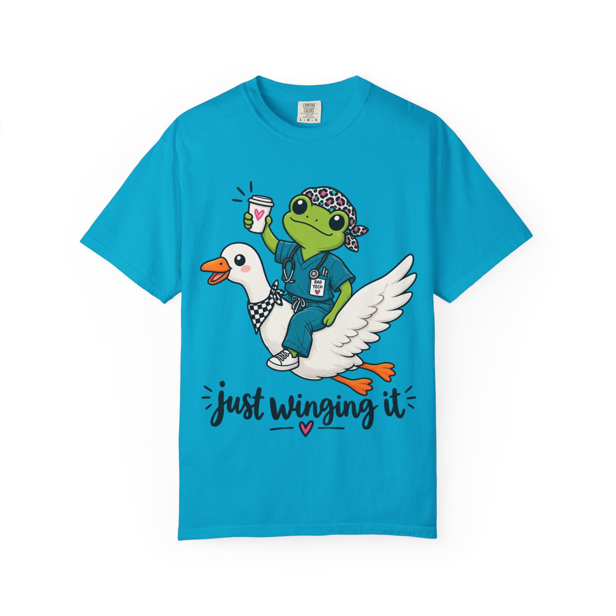 Just Winging It Nurse T-Shirt — Frog Scrub Nurse Riding Goose Graphic Tee