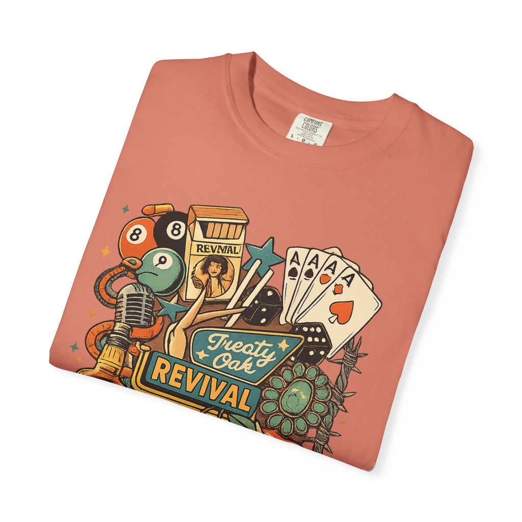 Retro Revival Graphic T-Shirt — 'Revival' Casino & Roadside Patch Art