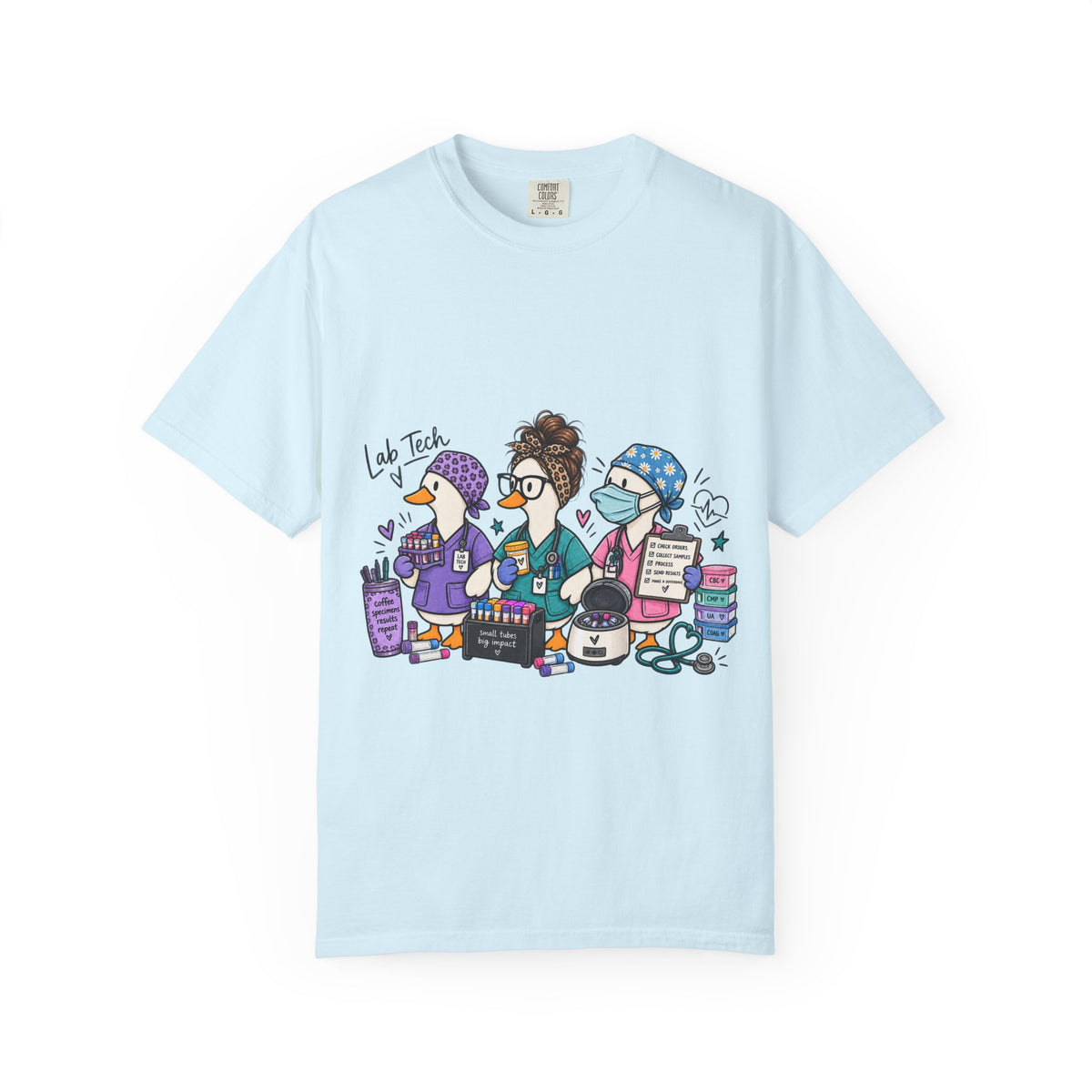 Lab Tech Team T-Shirt — Cute Cartoon Laboratory Scientist Shirt for Medical & Research Staff