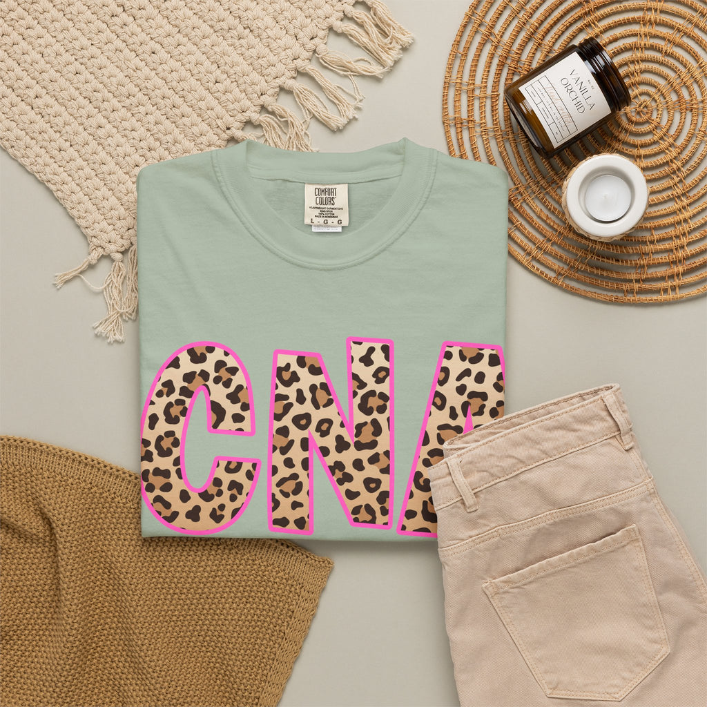CNA Leopard Print Tee — Pink Outline Certified Nursing Assistant Shirt